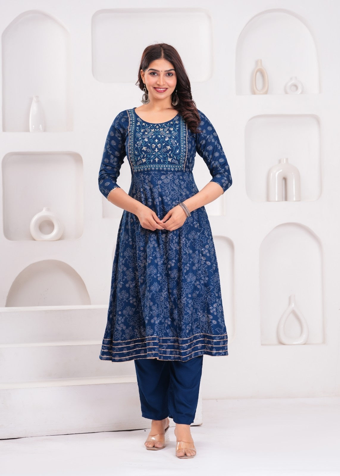 Midnight Teal Anarkali Kurta Set with Mirror Work