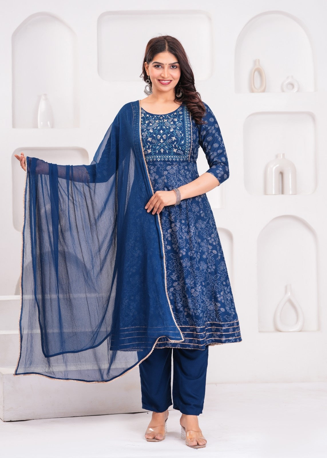 Midnight Teal Anarkali Kurta Set with Mirror Work