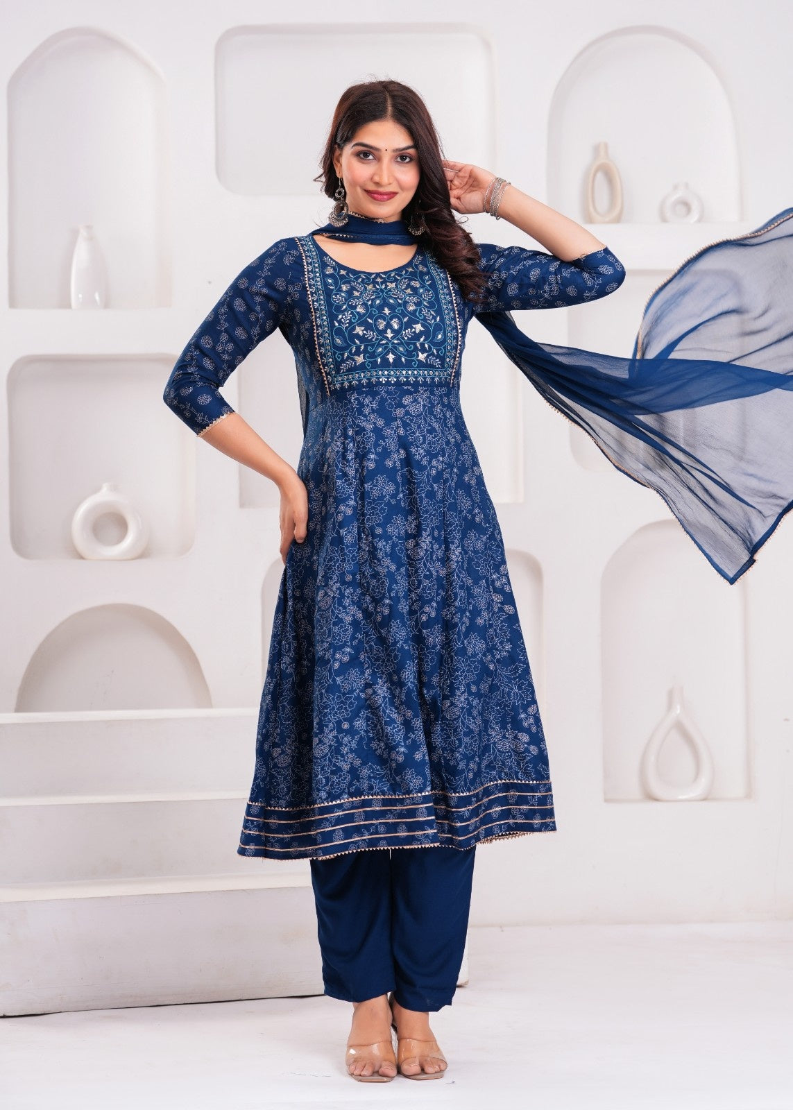 Midnight Teal Anarkali Kurta Set with Mirror Work