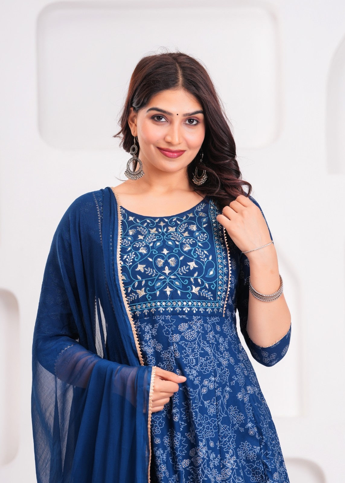 Midnight Teal Anarkali Kurta Set with Mirror Work