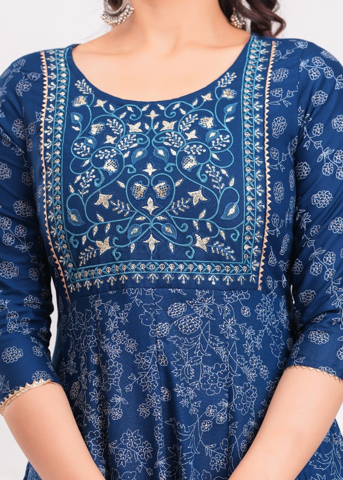 Midnight Teal Anarkali Kurta Set with Mirror Work