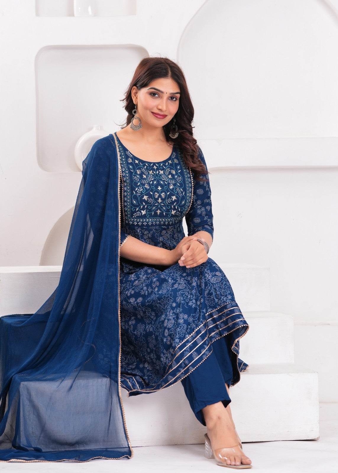 Midnight Teal Anarkali Kurta Set with Mirror Work