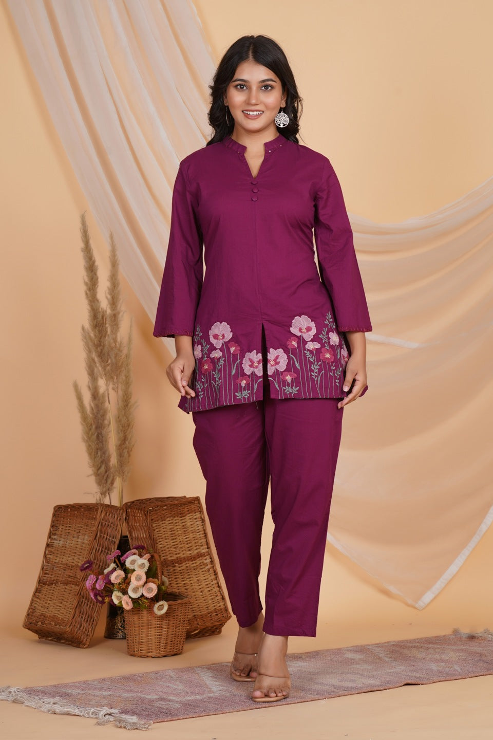Women’s Purple Cotton Embroidered Kurta with Pant Set