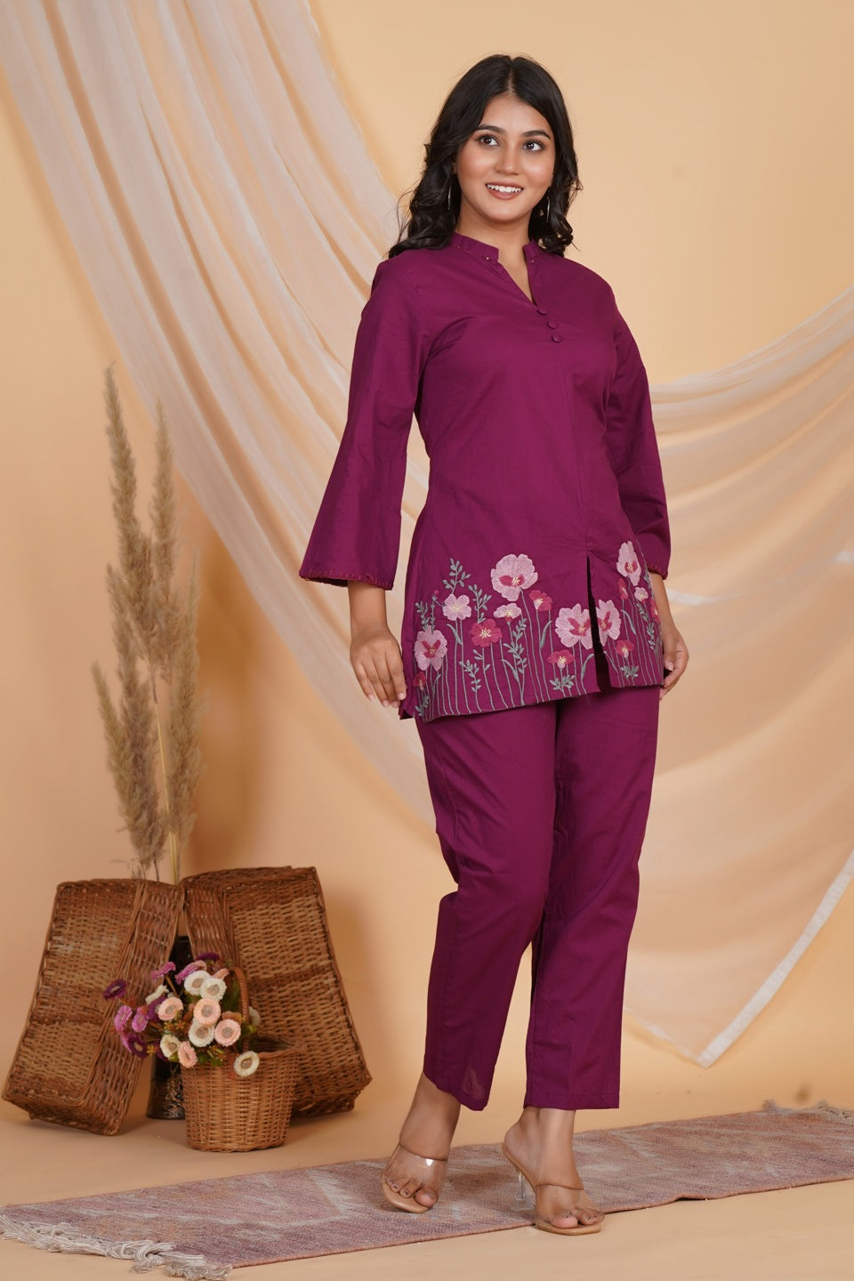 Women’s Purple Cotton Embroidered Kurta with Pant Set