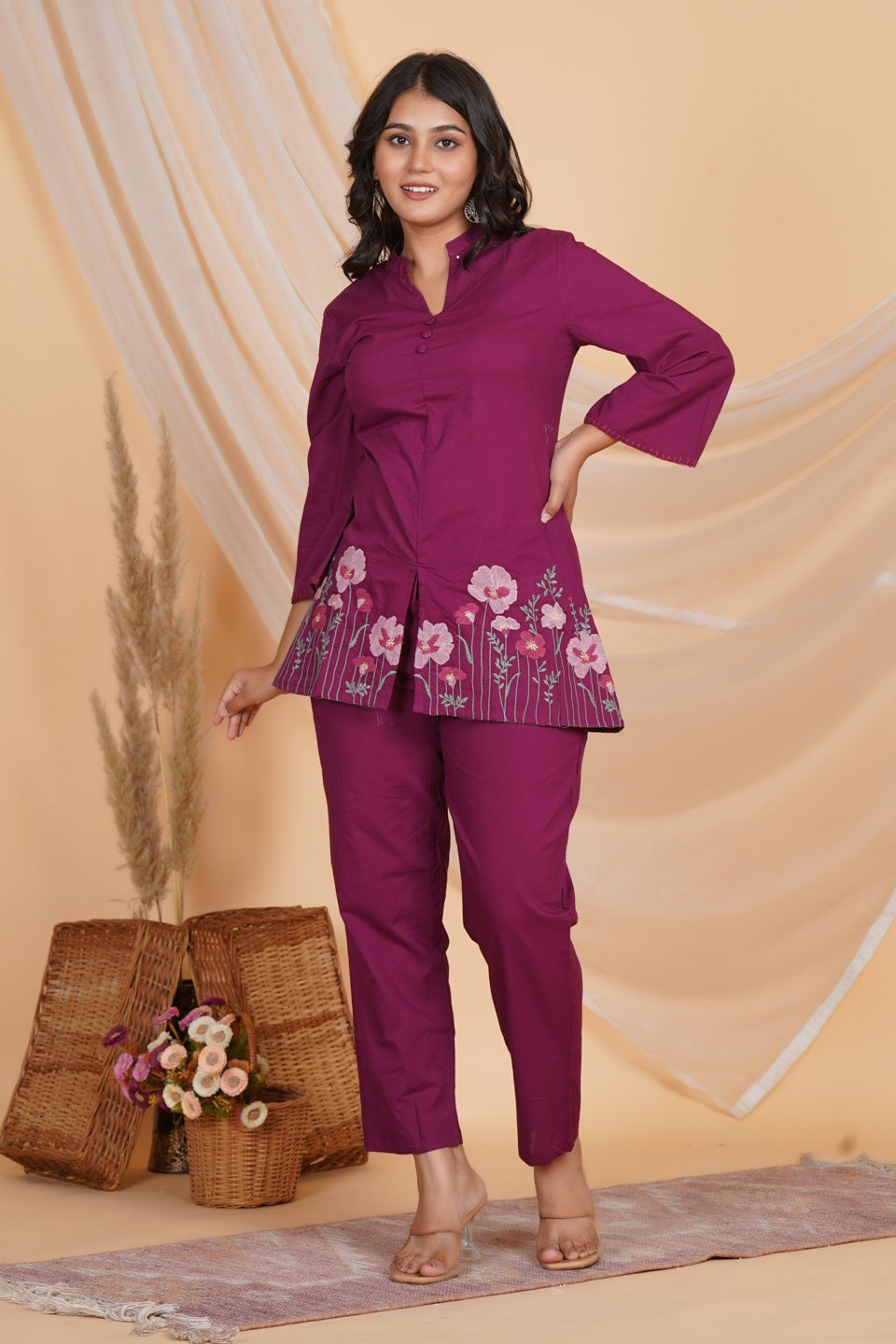 Women’s Purple Cotton Embroidered Kurta with Pant Set