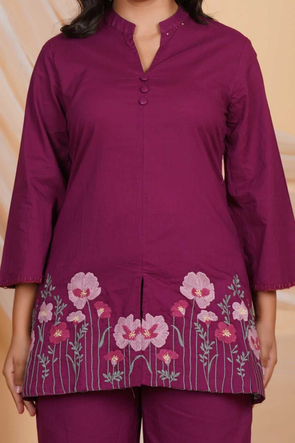 Women’s Purple Cotton Embroidered Kurta with Pant Set