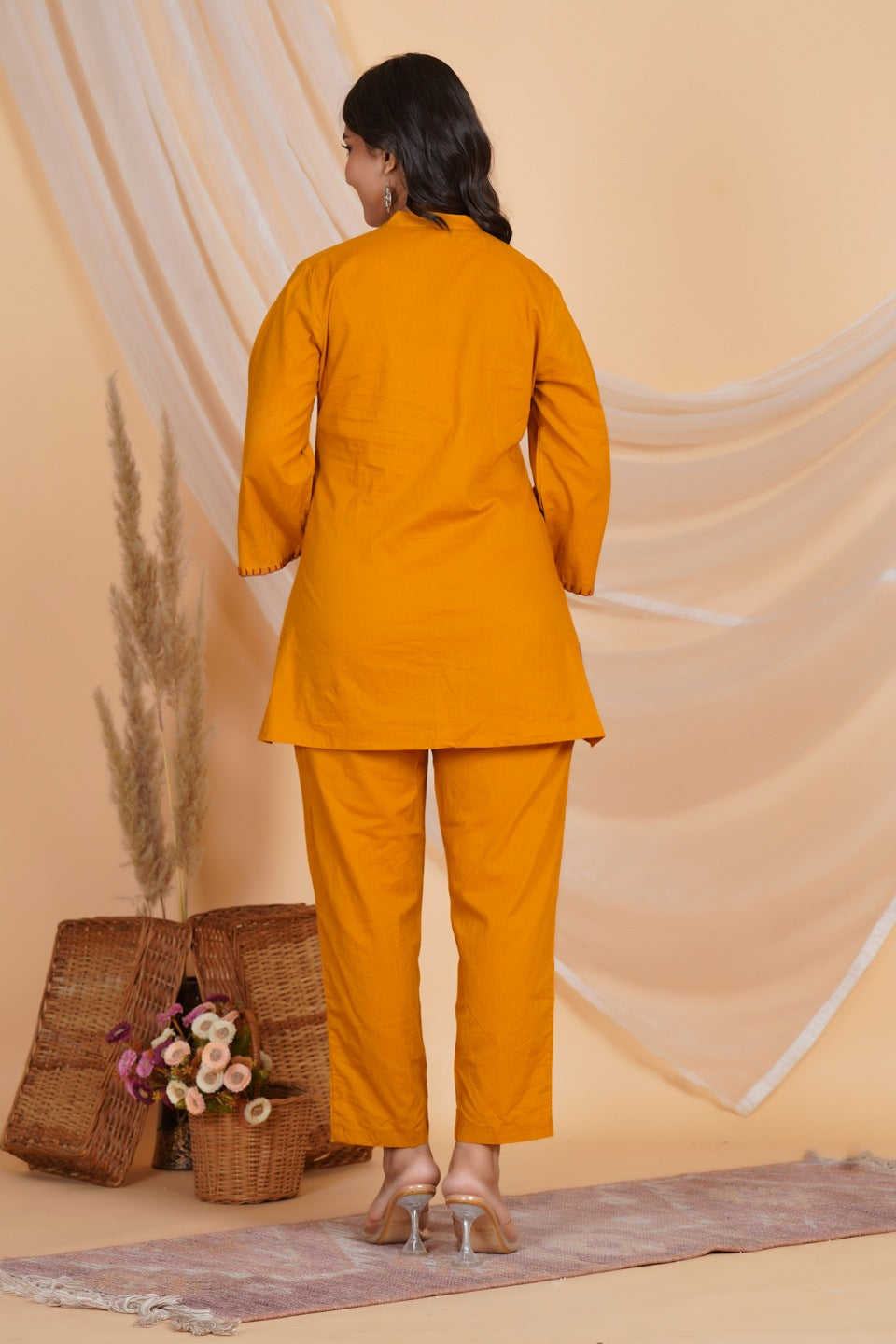 Women Mustard Yellow Cotton Embroidered Kurta with Pant Set