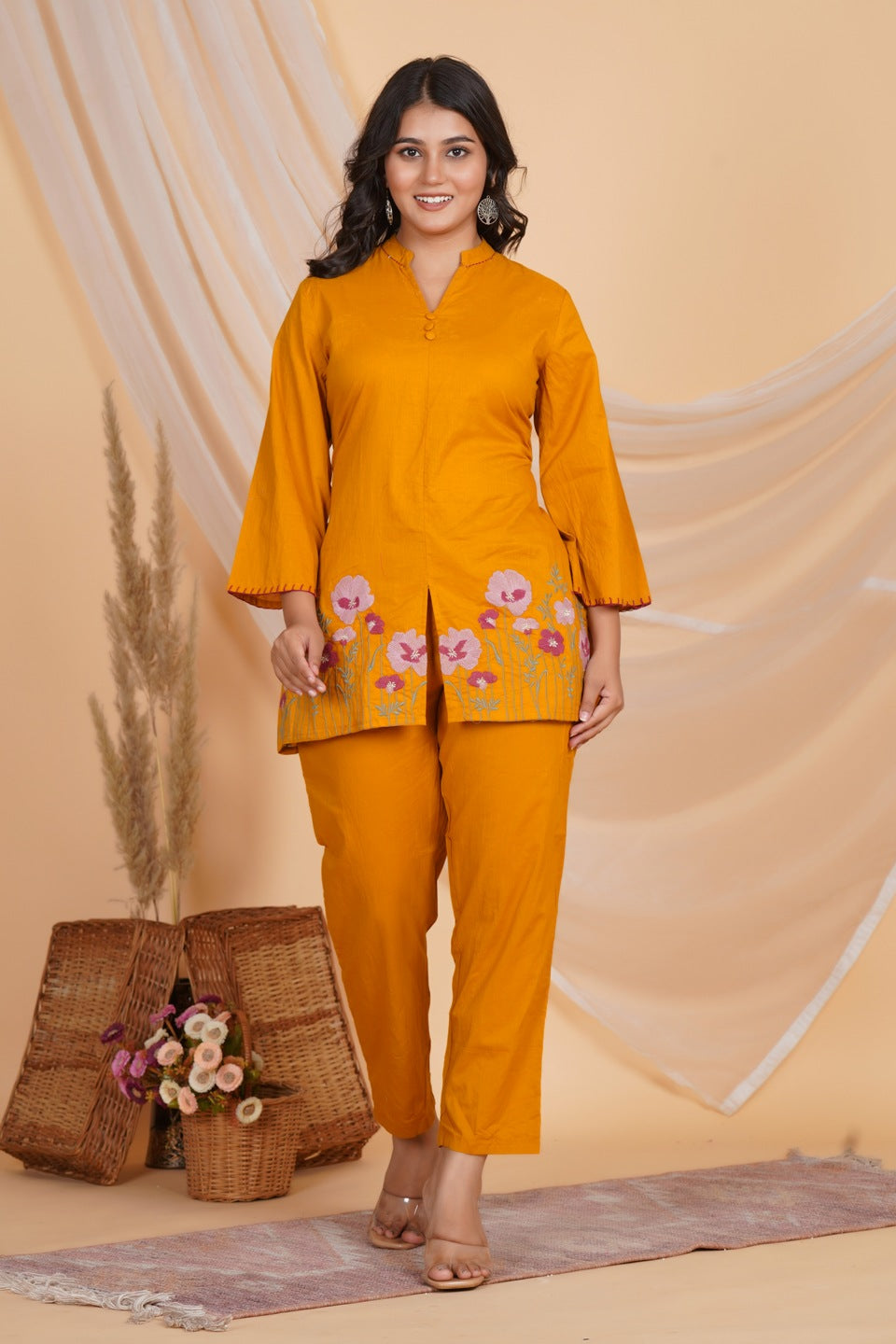 Women Mustard Yellow Cotton Embroidered Kurta with Pant Set