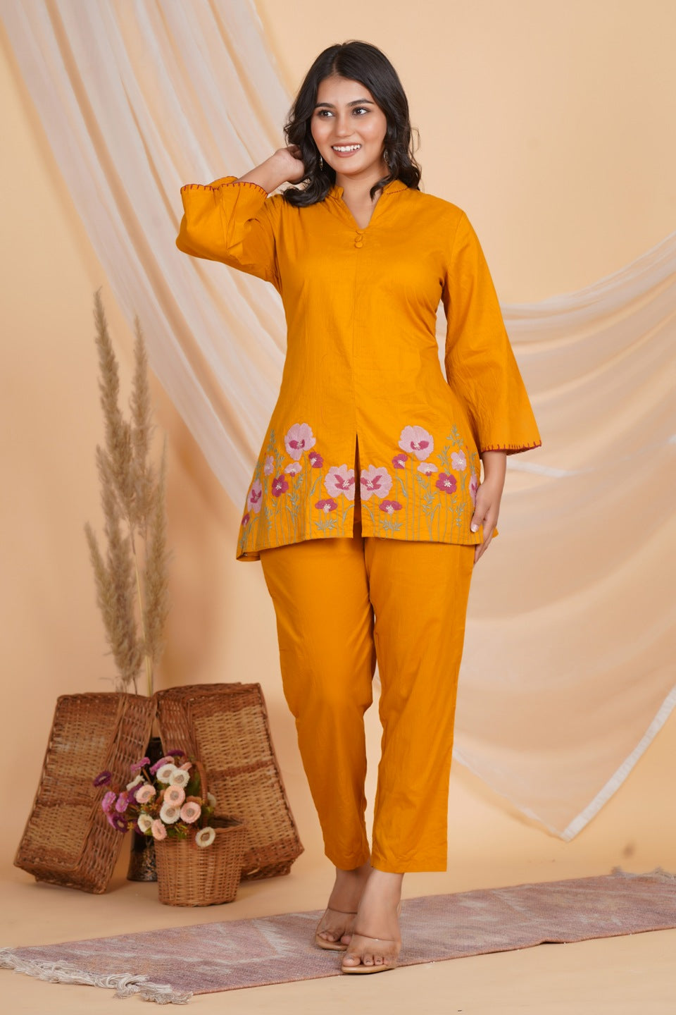 Women Mustard Yellow Cotton Embroidered Kurta with Pant Set