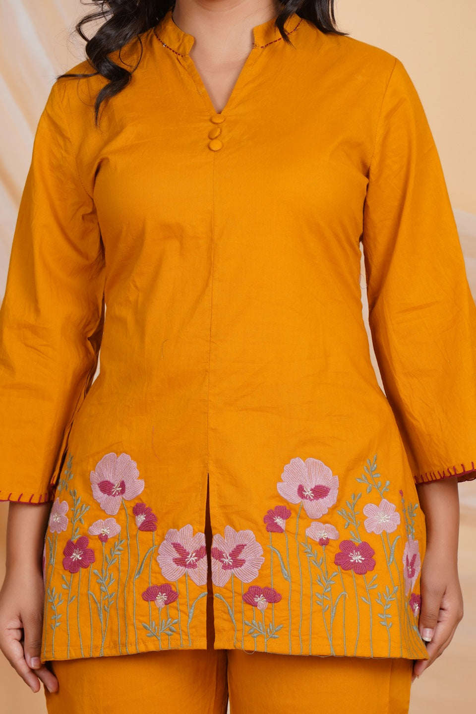 Women Mustard Yellow Cotton Embroidered Kurta with Pant Set