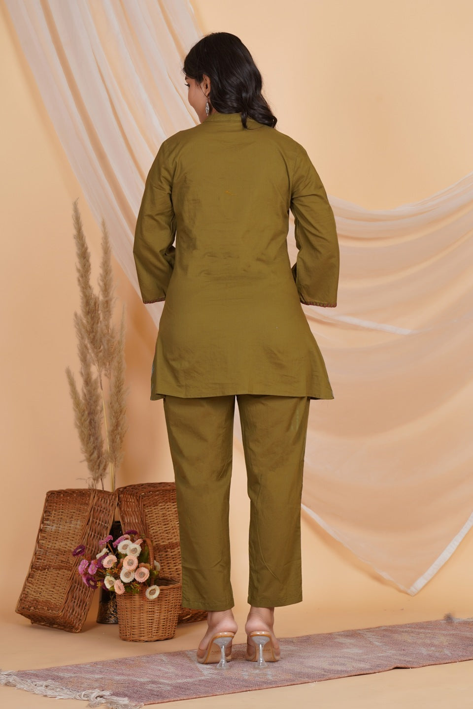 Women Olive Green Cotton Embroidered Kurta with Pant Set