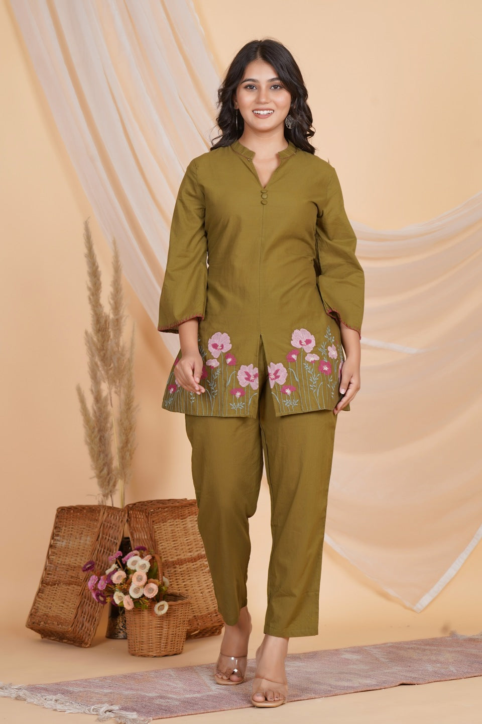 Women Olive Green Cotton Embroidered Kurta with Pant Set