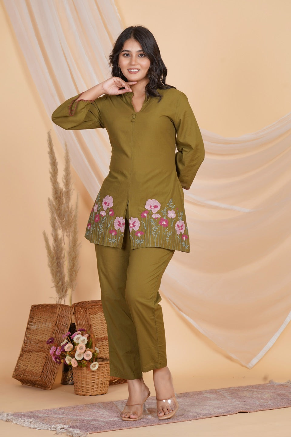 Women Olive Green Cotton Embroidered Kurta with Pant Set