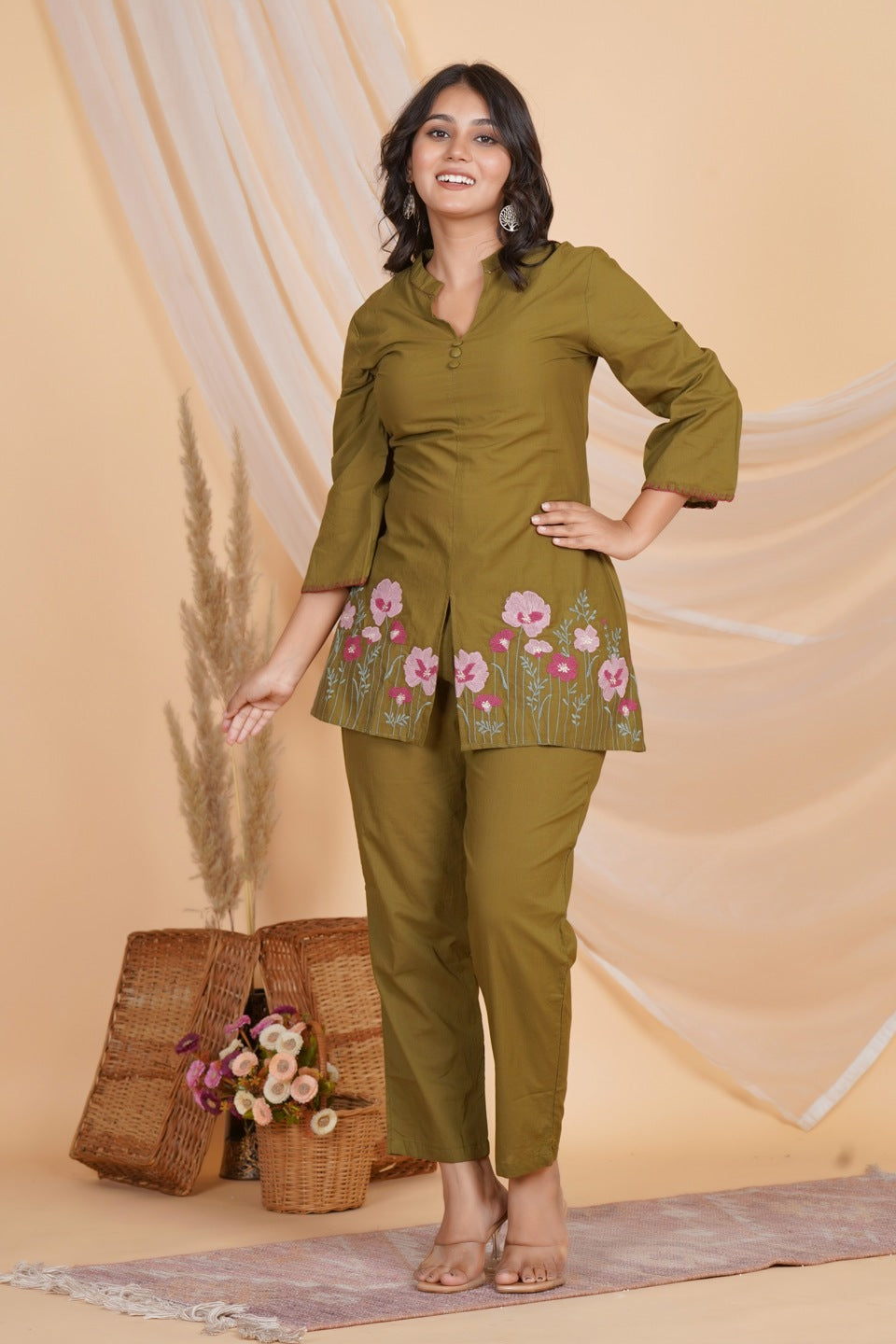 Women Olive Green Cotton Embroidered Kurta with Pant Set