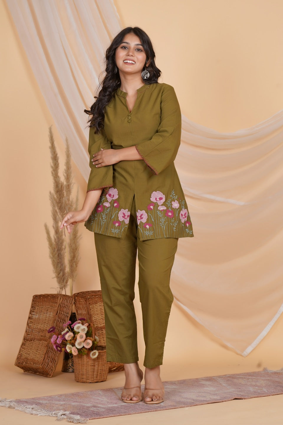 Women Olive Green Cotton Embroidered Kurta with Pant Set