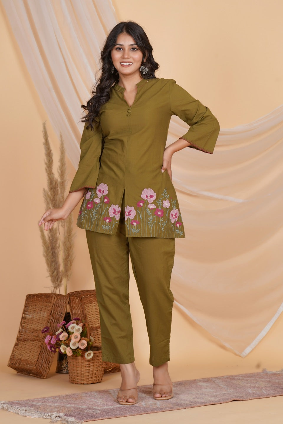 Women Olive Green Cotton Embroidered Kurta with Pant Set