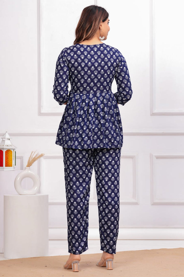 Women’s Blue Printed Rayon Peplum Top with Matching Pants Co-ord Set