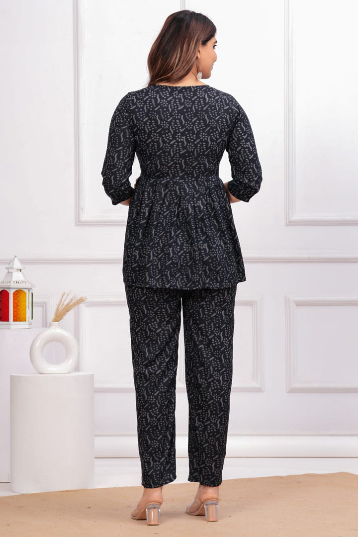 Women’s Black Printed Rayon Peplum Top with Matching Pants Co-Ord Set