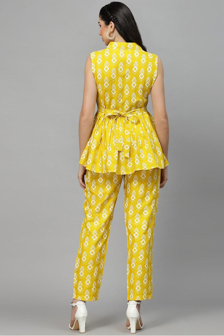 Women’s Yellow & White Cotton Printed Sleeveless Peplum Co-ord Set