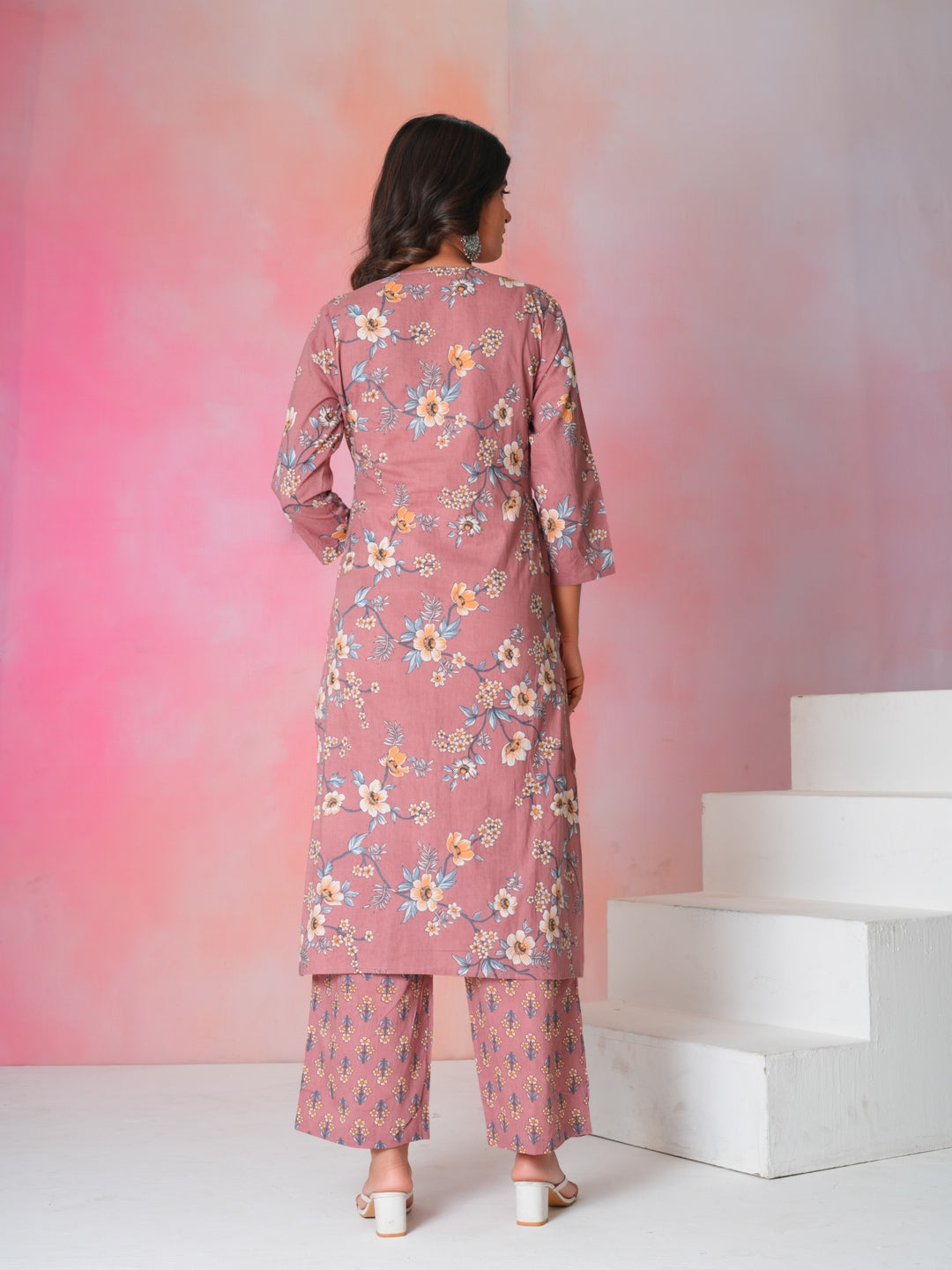 Women’s Pink Floral Hand Block Printed Cotton Kurta Set with Dupatta