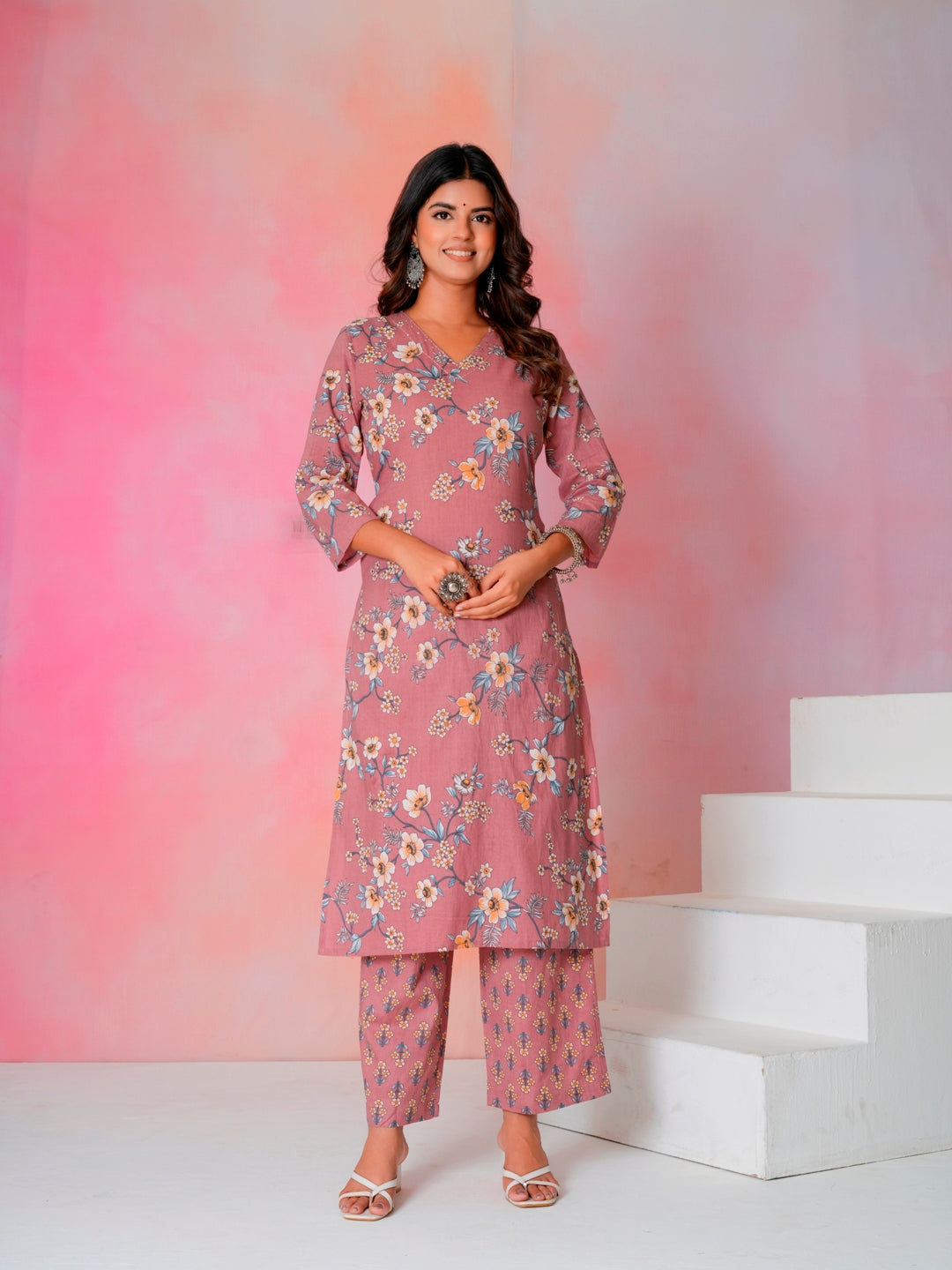 Women’s Pink Floral Hand Block Printed Cotton Kurta Set with Dupatta