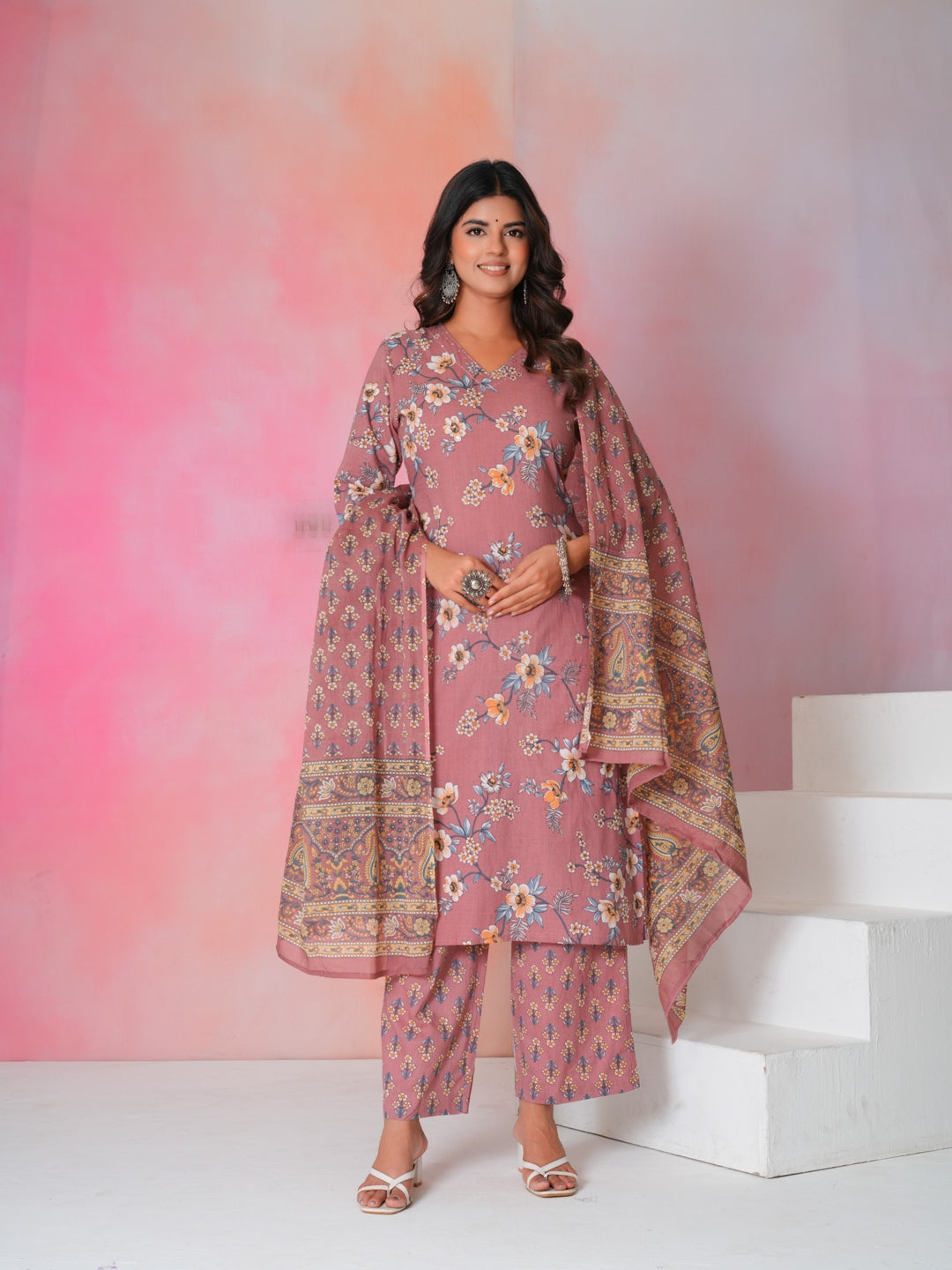 Women’s Pink Floral Hand Block Printed Cotton Kurta Set with Dupatta