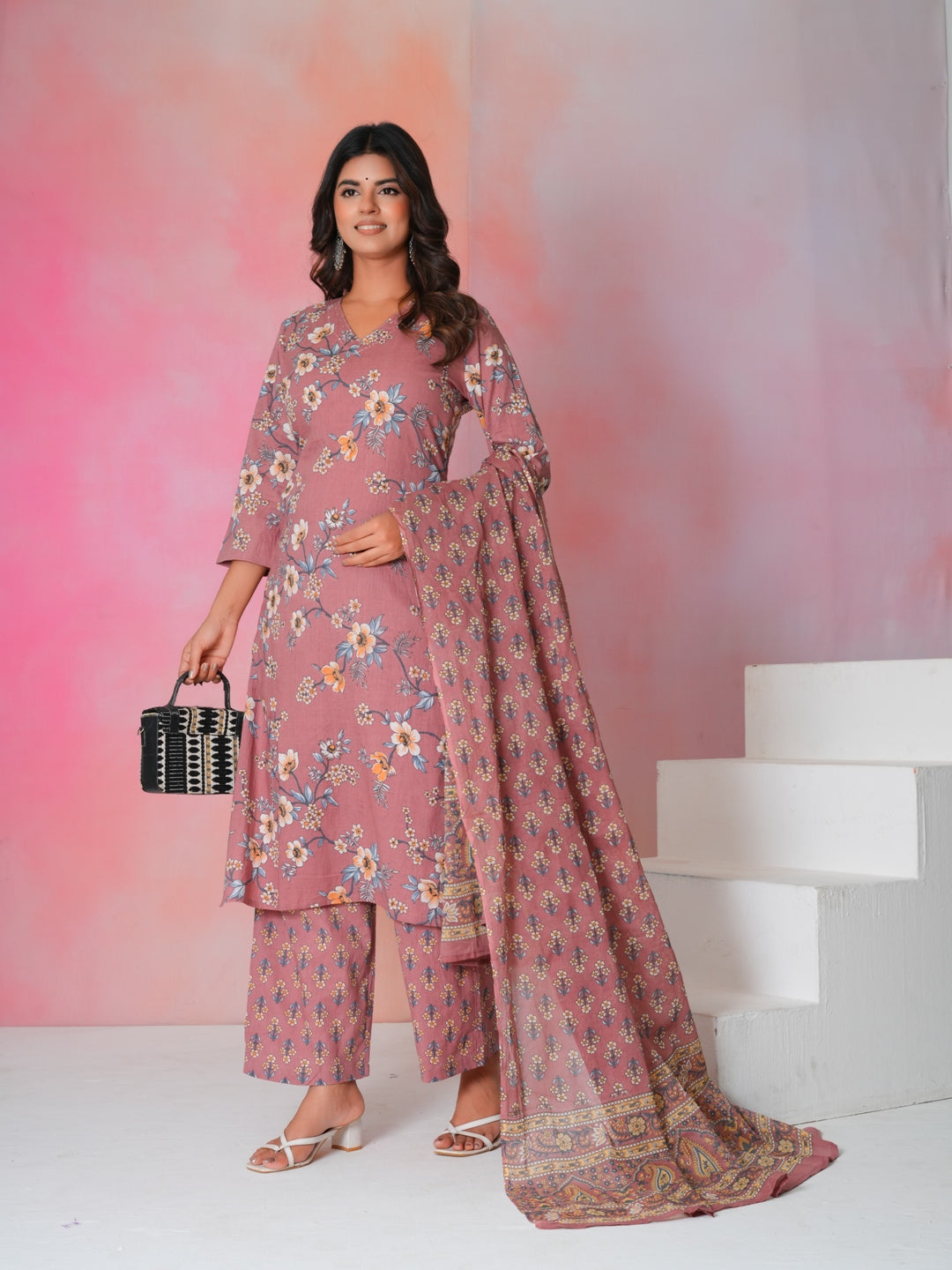 Women’s Pink Floral Hand Block Printed Cotton Kurta Set with Dupatta