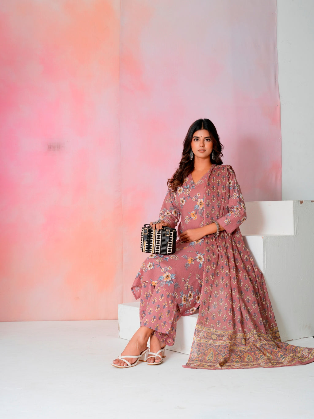 Women’s Pink Floral Hand Block Printed Cotton Kurta Set with Dupatta