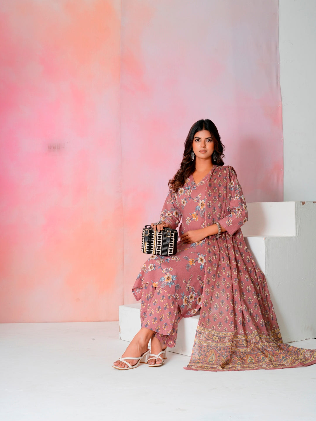 Women’s Pink Floral Hand Block Printed Cotton Kurta Set with Dupatta