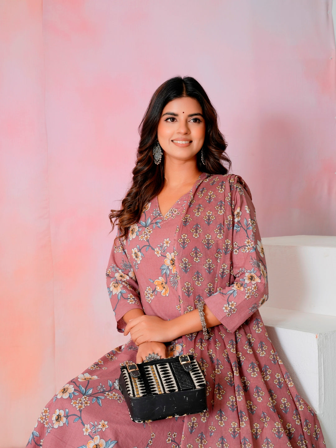 Women’s Pink Floral Hand Block Printed Cotton Kurta Set with Dupatta