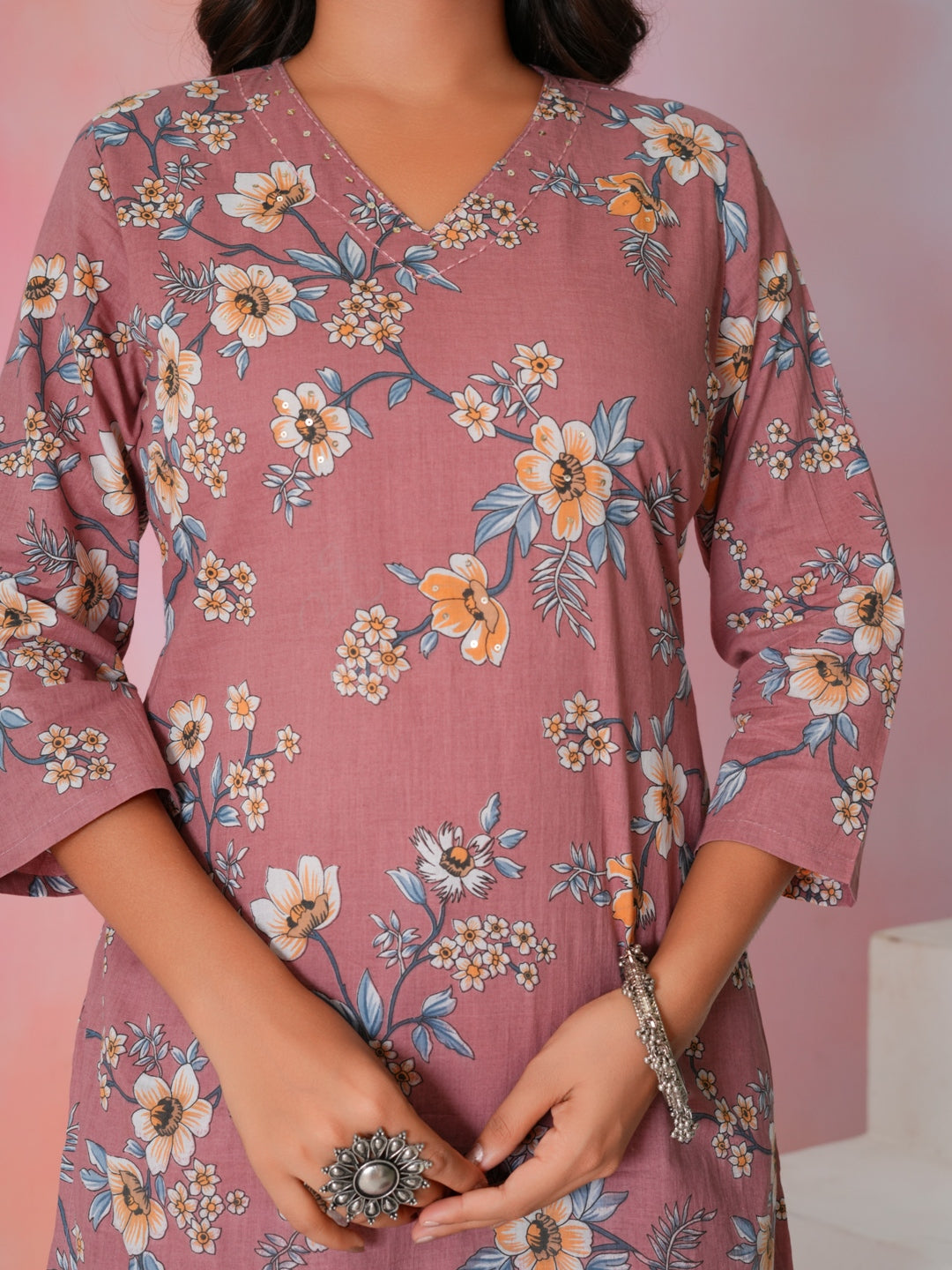 Women’s Pink Floral Hand Block Printed Cotton Kurta Set with Dupatta