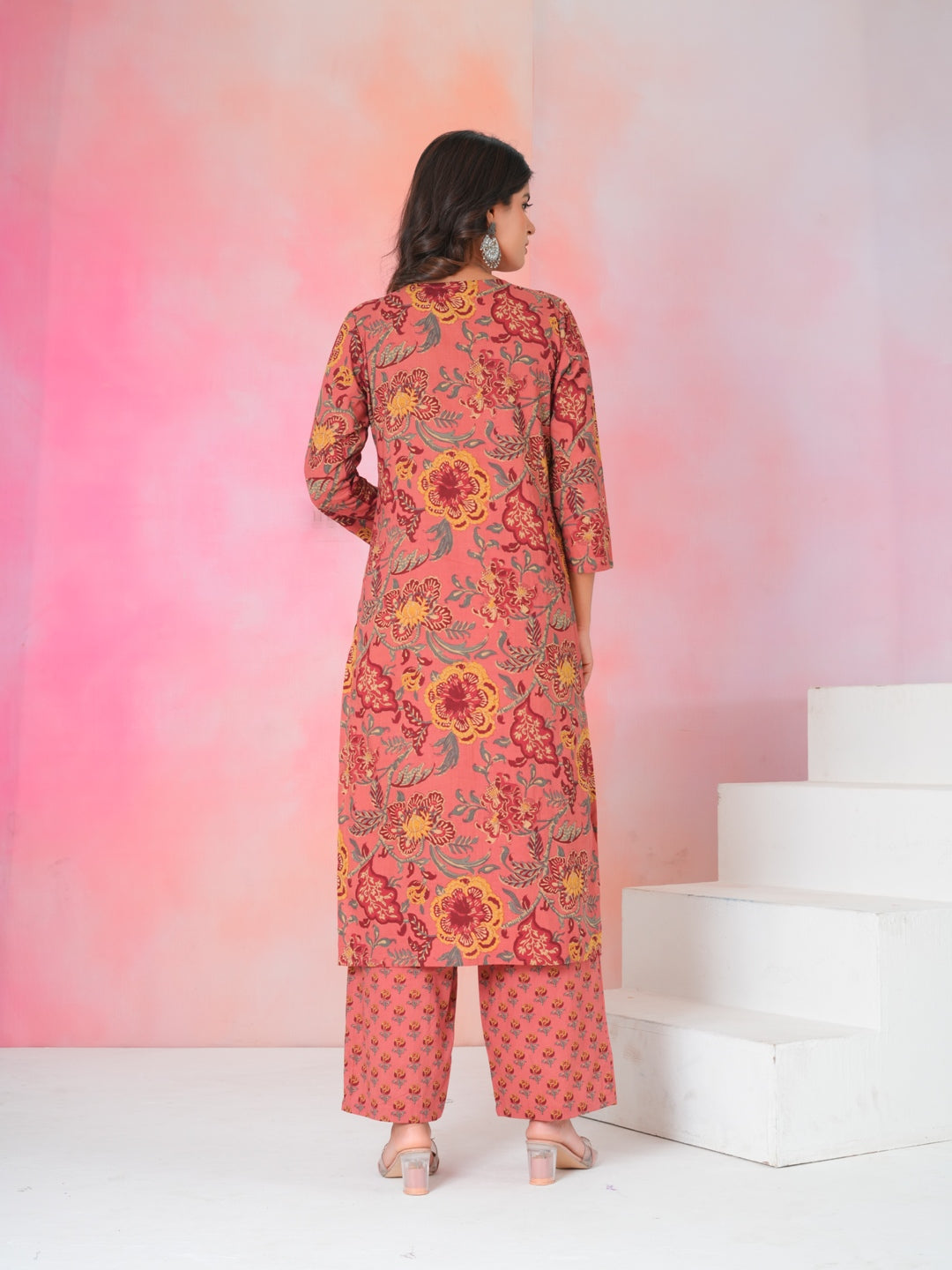 Women’s Rust Pink Floral Hand Block Cotton Printed Kurta Set with Dupatta