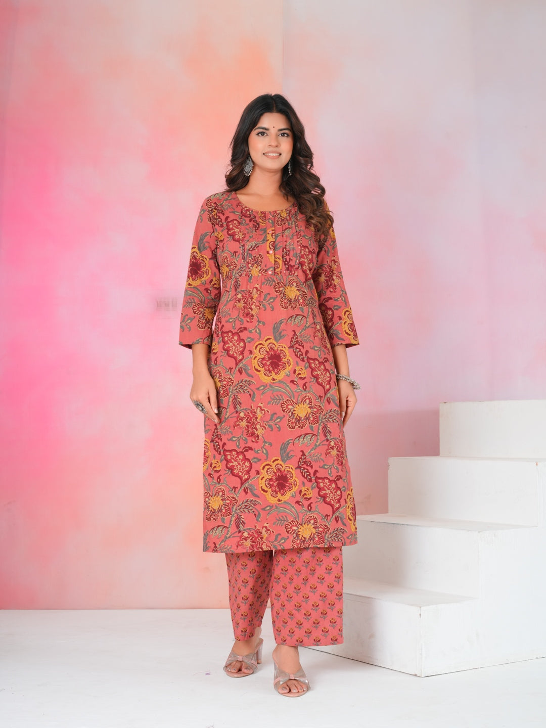 Women’s Rust Pink Floral Hand Block Cotton Printed Kurta Set with Dupatta