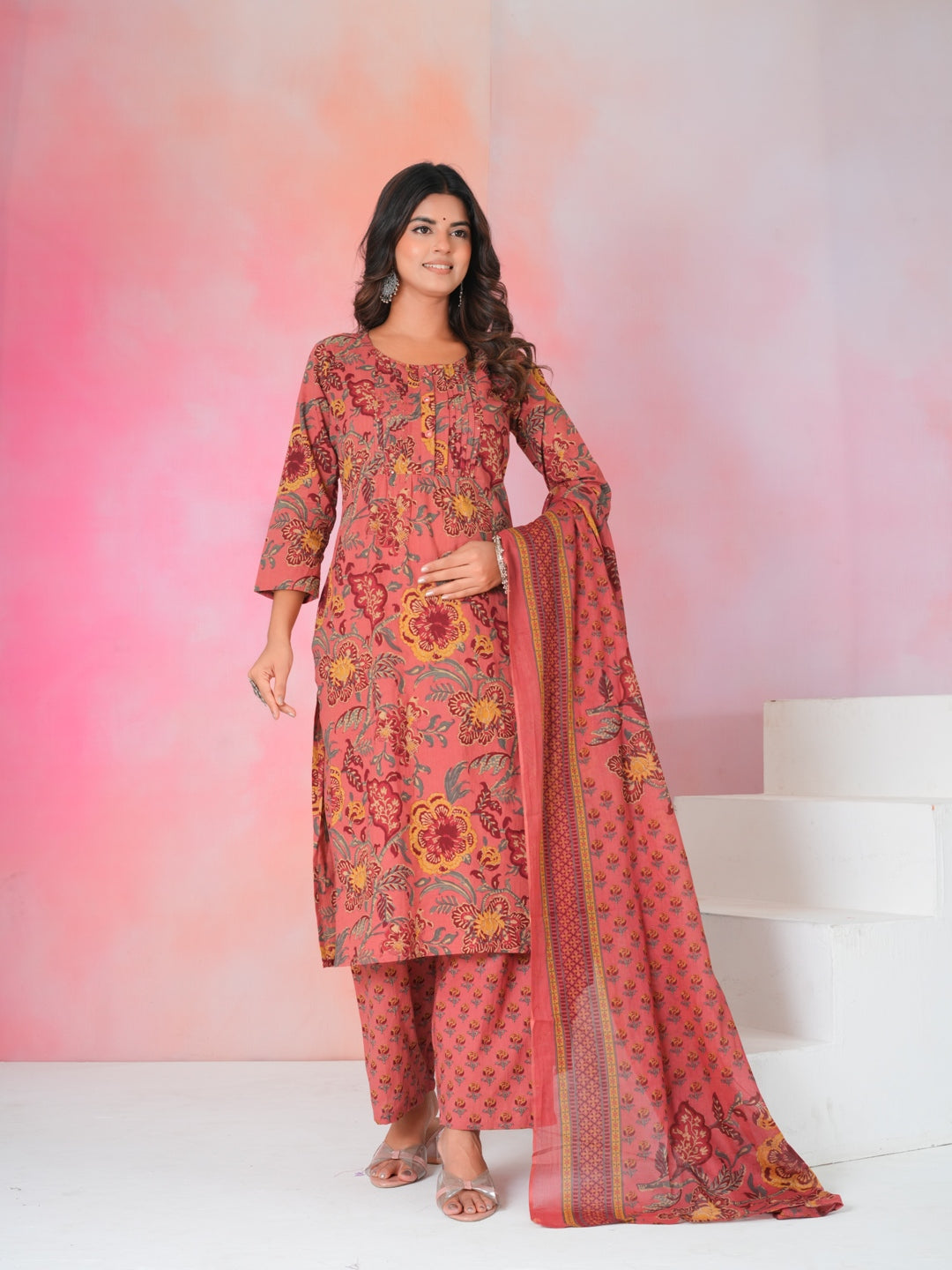 Women’s Rust Pink Floral Hand Block Cotton Printed Kurta Set with Dupatta
