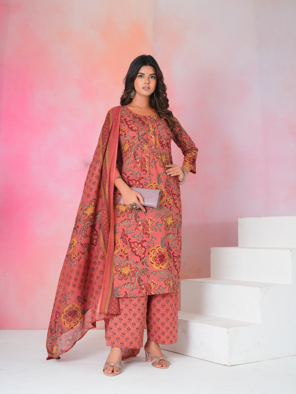 Women’s Rust Pink Floral Hand Block Cotton Printed Kurta Set with Dupatta