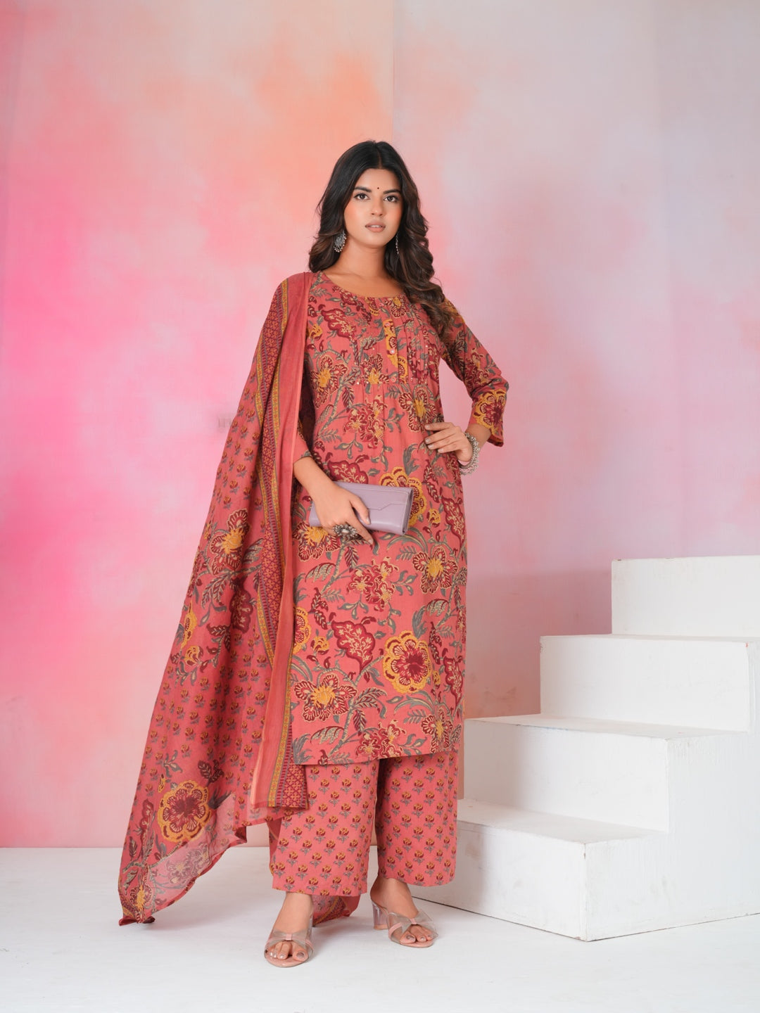 Women’s Rust Pink Floral Hand Block Cotton Printed Kurta Set with Dupatta