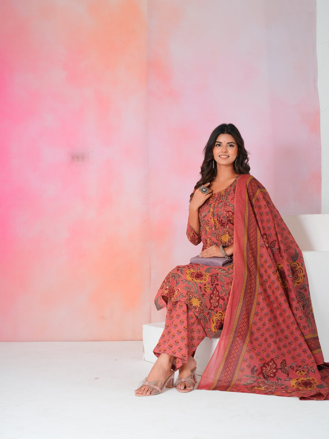 Women’s Rust Pink Floral Hand Block Cotton Printed Kurta Set with Dupatta
