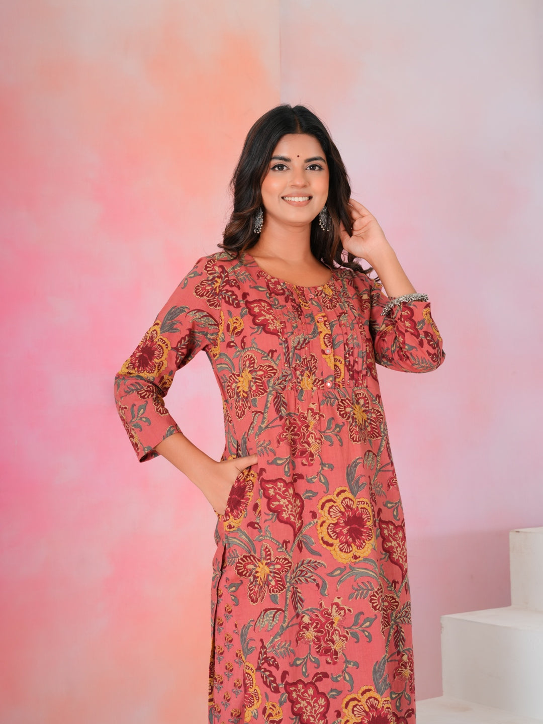 Women’s Rust Pink Floral Hand Block Cotton Printed Kurta Set with Dupatta