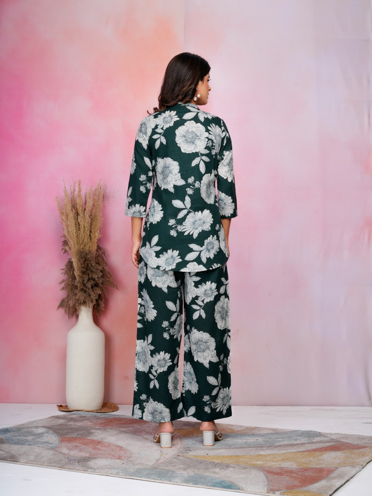 Emerald Bloom Green Cotton Co-ord Set with White Floral Prints