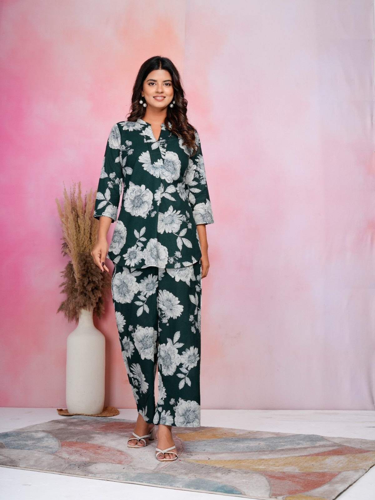 Emerald Bloom Green Cotton Co-ord Set with White Floral Prints