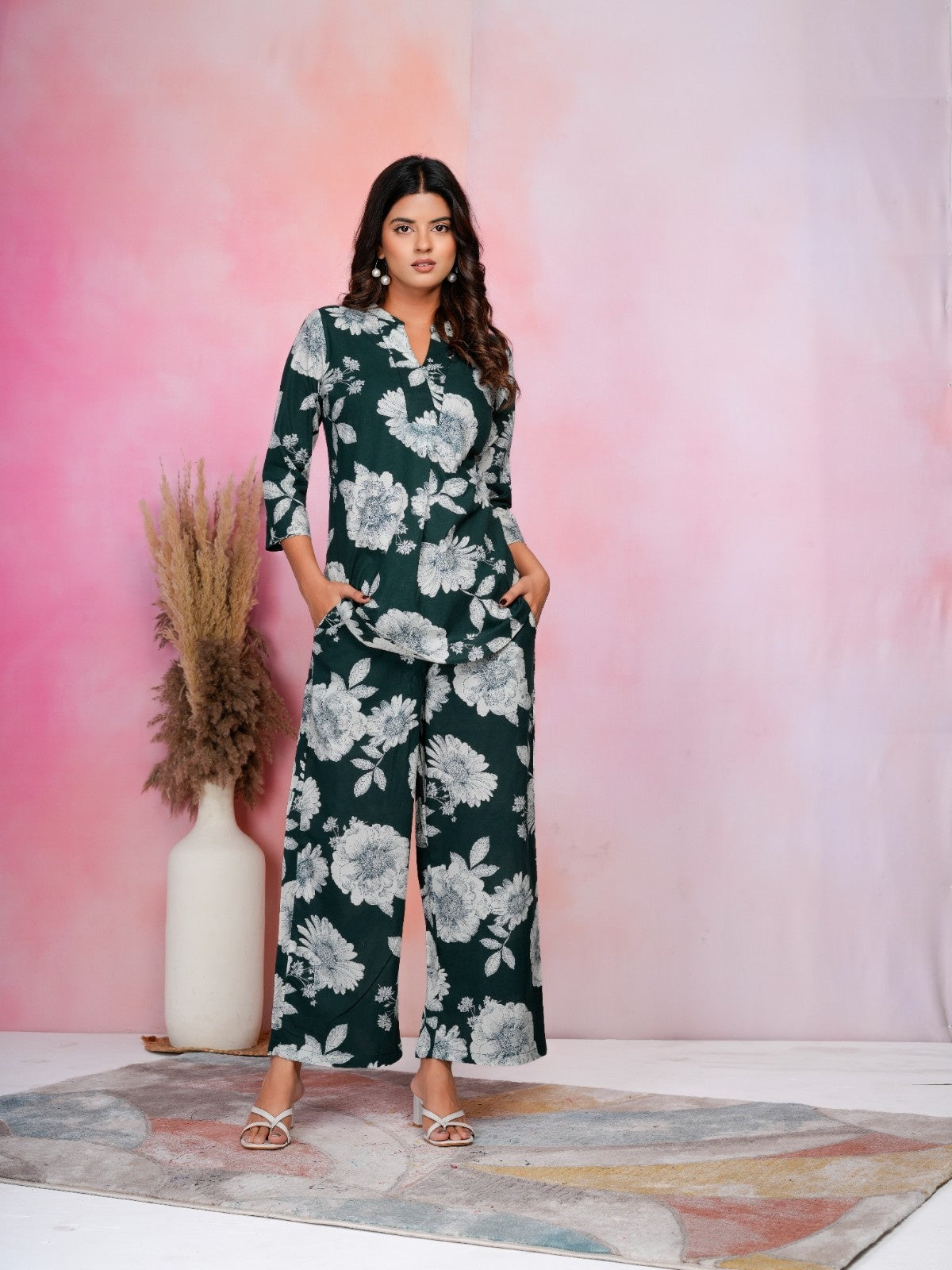 Emerald Bloom Green Cotton Co-ord Set with White Floral Prints