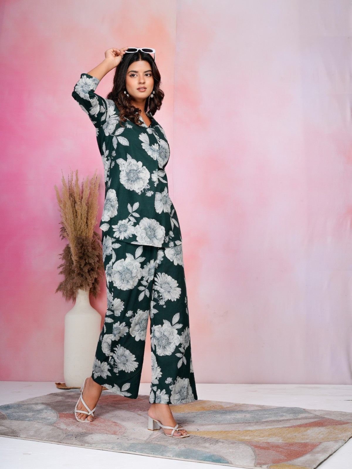 Emerald Bloom Green Cotton Co-ord Set with White Floral Prints