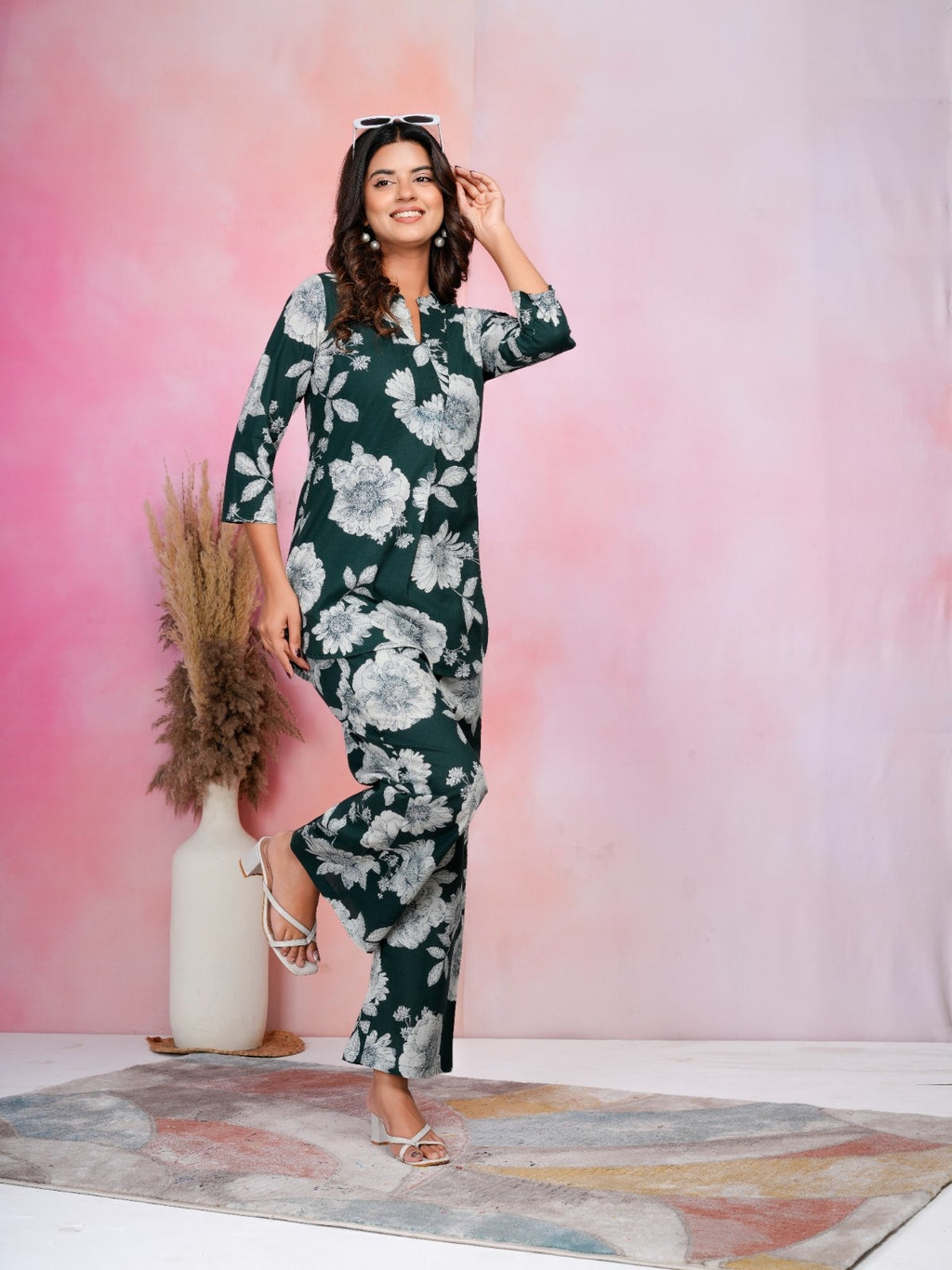 Emerald Bloom Green Cotton Co-ord Set with White Floral Prints