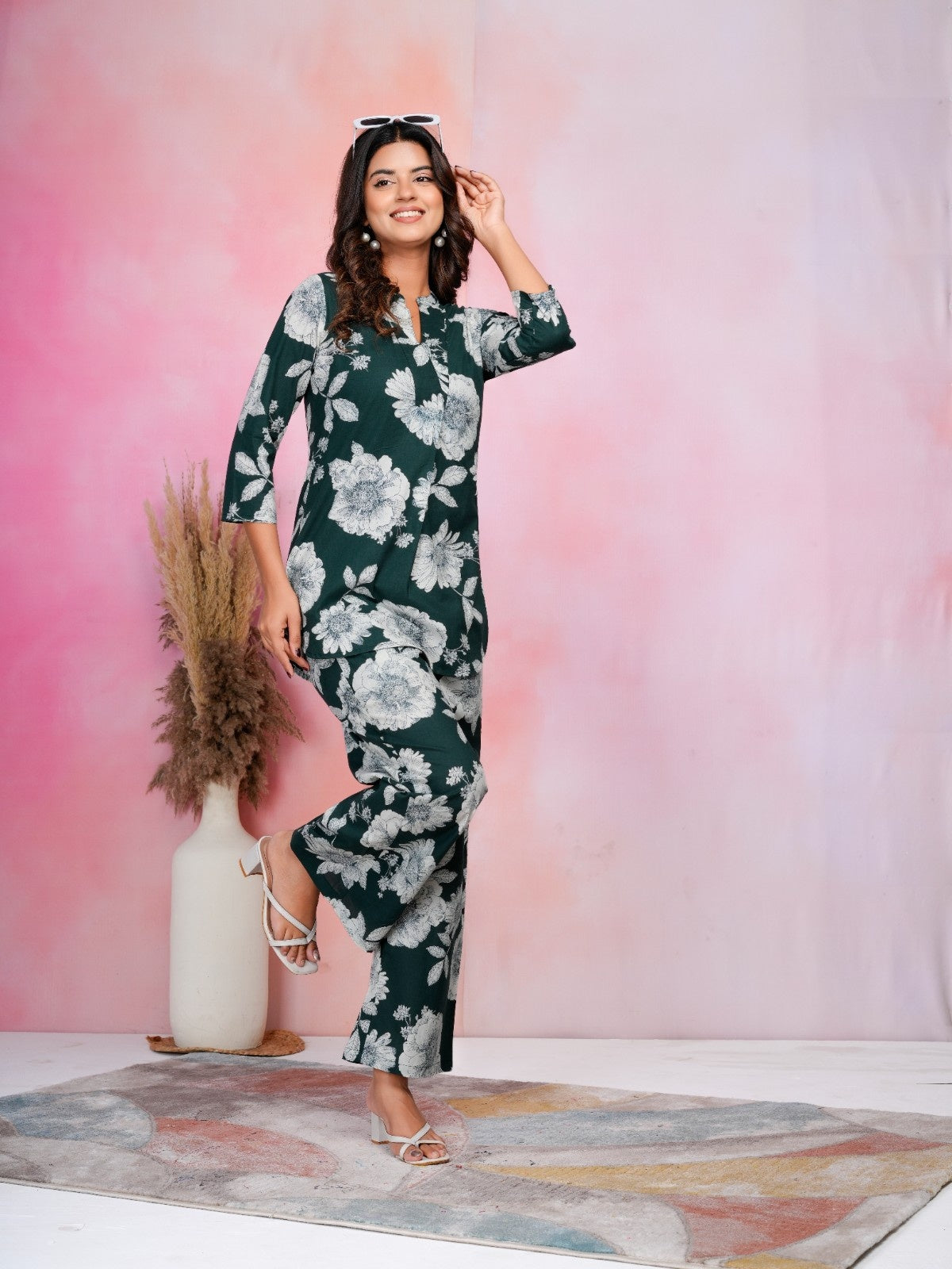 Emerald Bloom Green Cotton Co-ord Set with White Floral Prints