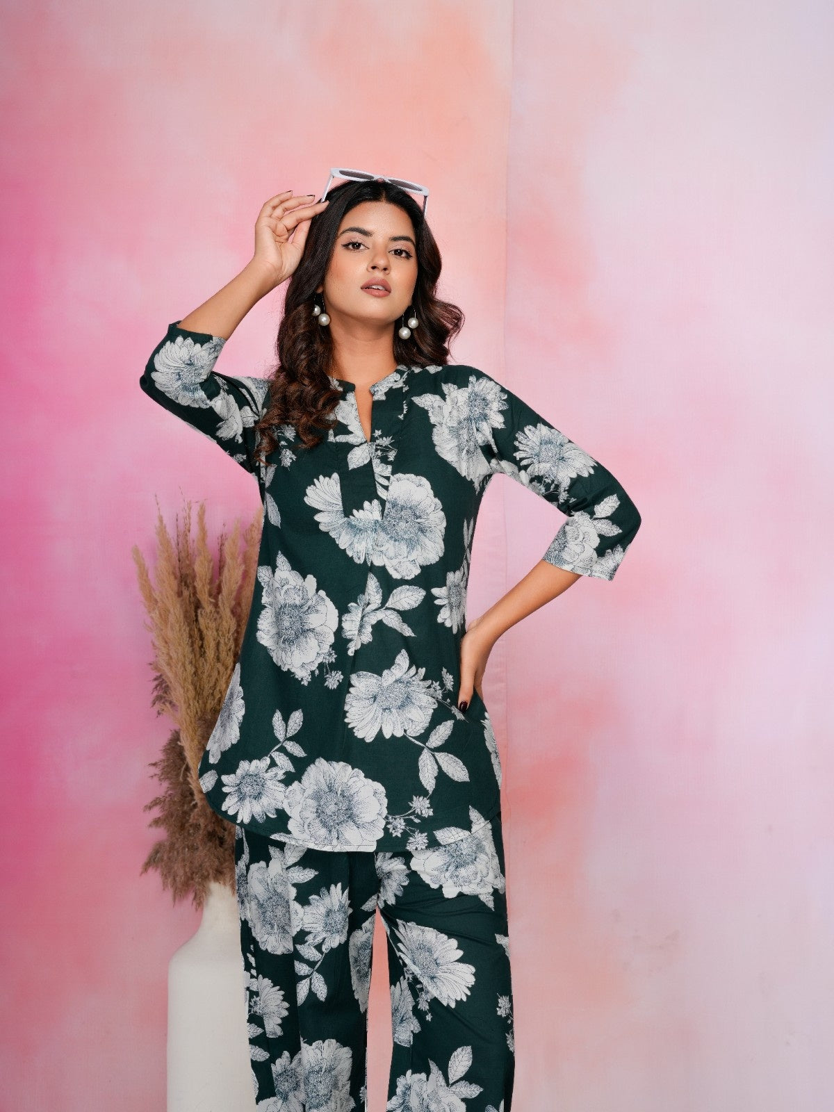 Emerald Bloom Green Cotton Co-ord Set with White Floral Prints