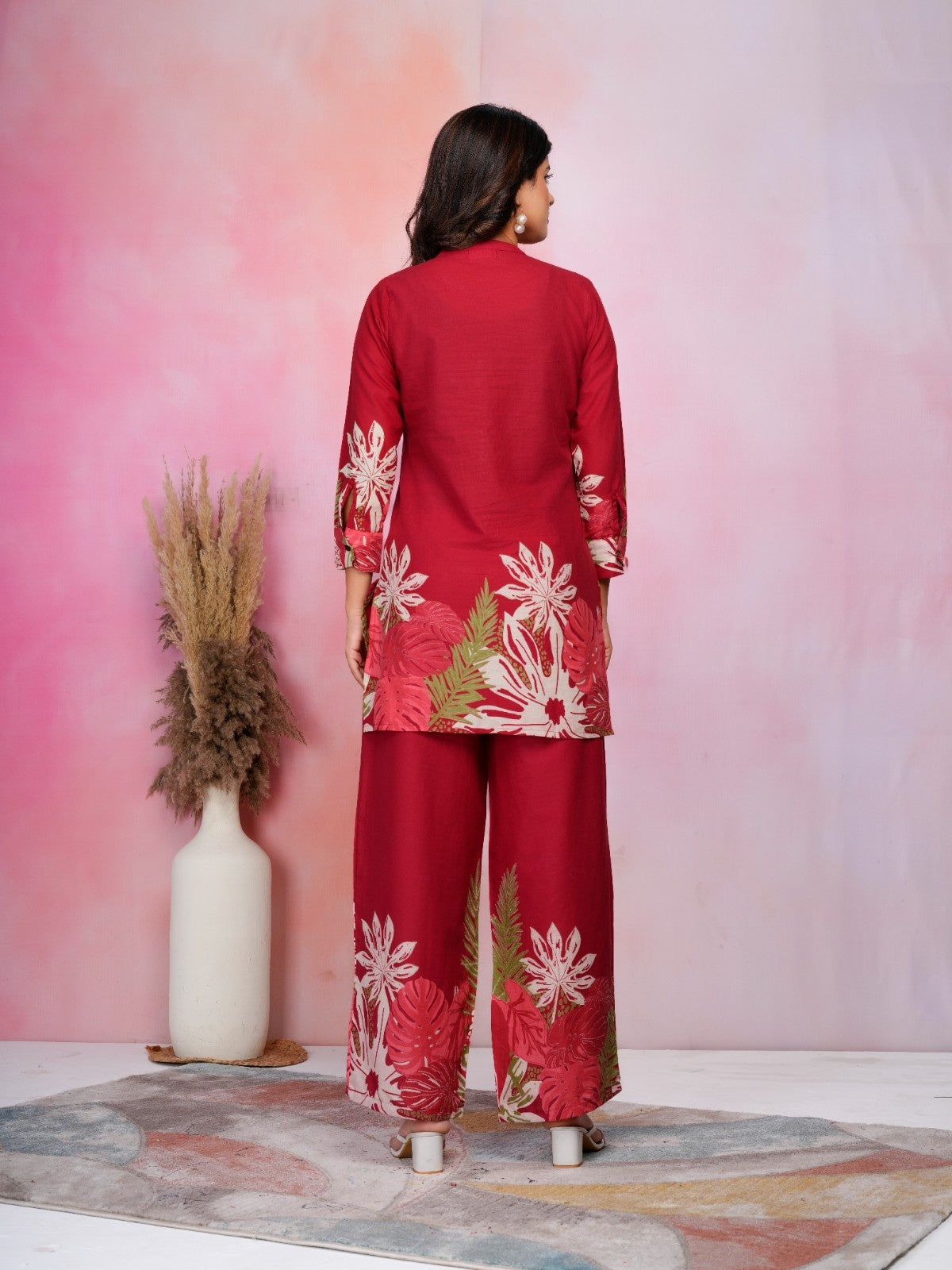 Crimson Tropical Bloom Cotton Co-ord Set with Floral Prints