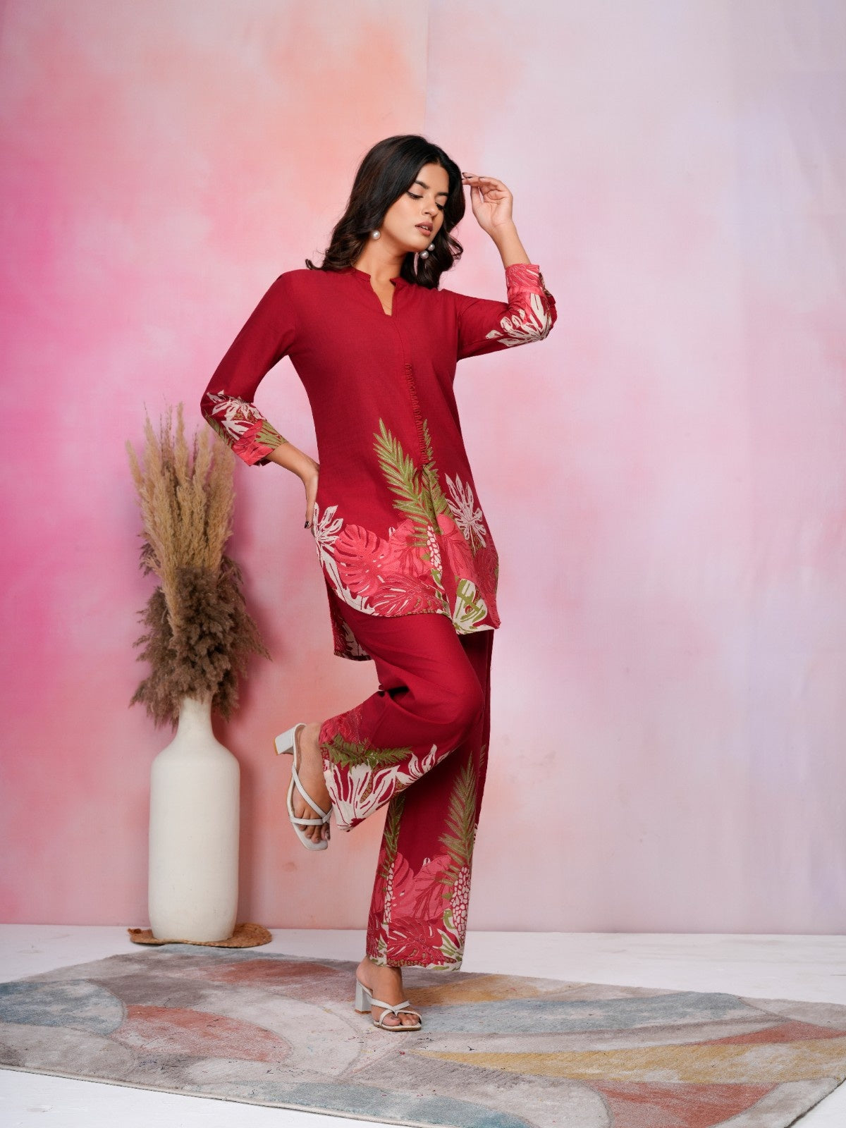 Crimson Tropical Bloom Cotton Co-ord Set with Floral Prints