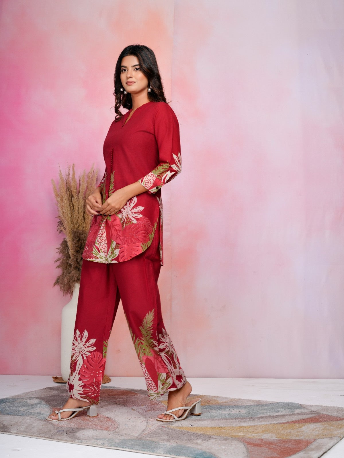 Crimson Tropical Bloom Cotton Co-ord Set with Floral Prints