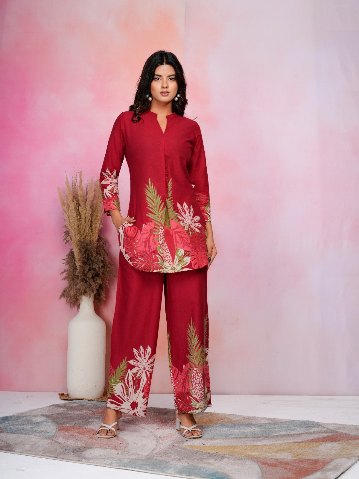 Crimson Tropical Bloom Cotton Co-ord Set with Floral Prints