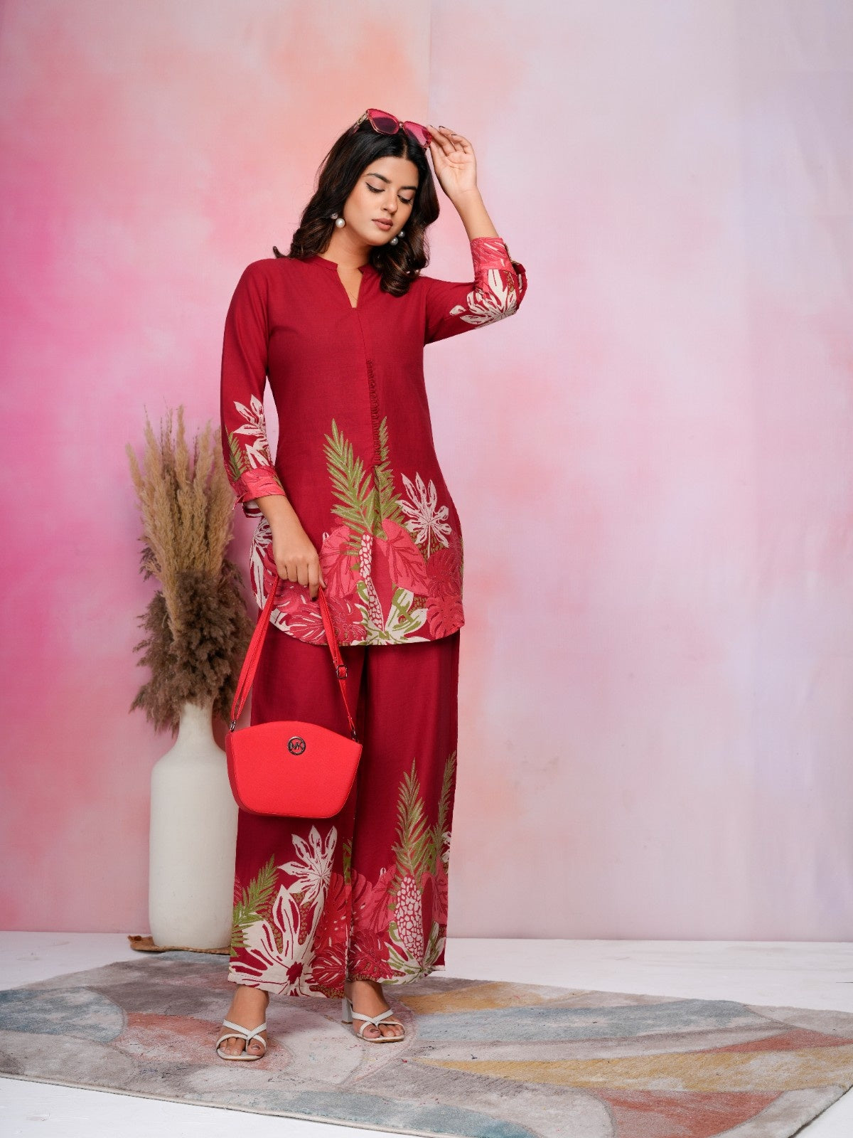 Crimson Tropical Bloom Cotton Co-ord Set with Floral Prints